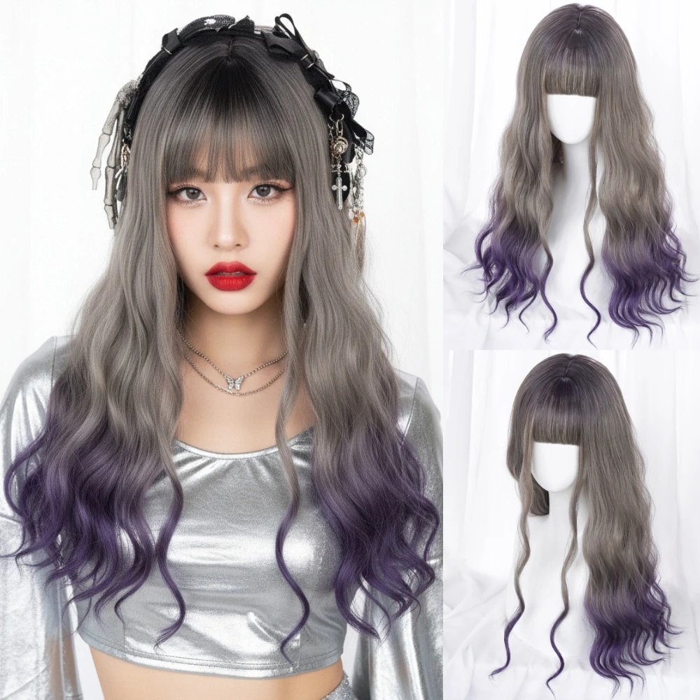 MSIWIGS Grey Mixed Purple Gradient Long Wavy Lolita Style Wig with Bangs Cosplay Party Synthetic Wigs for Women