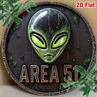 2D Flat, 2D Flat Round Vintage Area 51 UFO Alien Wall Sign - Retro Aluminum Metal Decor, 7.87x7.87 Inches