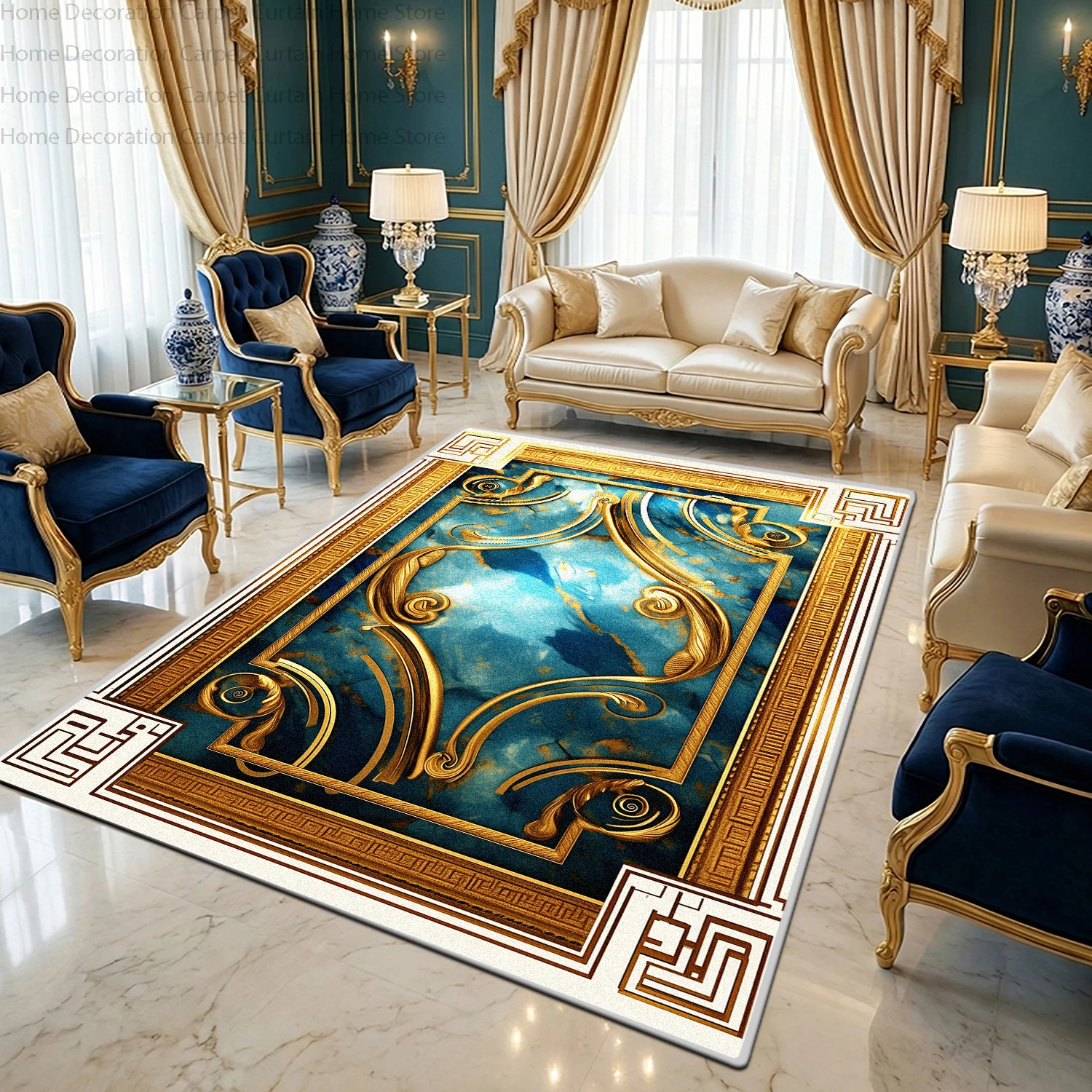 Luxury Gold Blue Marble Carpets Large Living Room European Style Bedroom Easy Clean Rug Lint-free Machine Washable Non-slip Mat