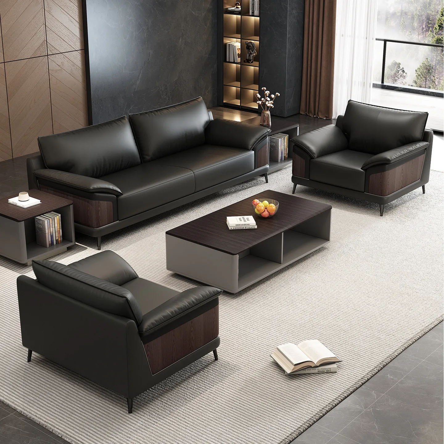 Leather three-person sofa living room office business negotiation multi-person black sofa factory straight hair