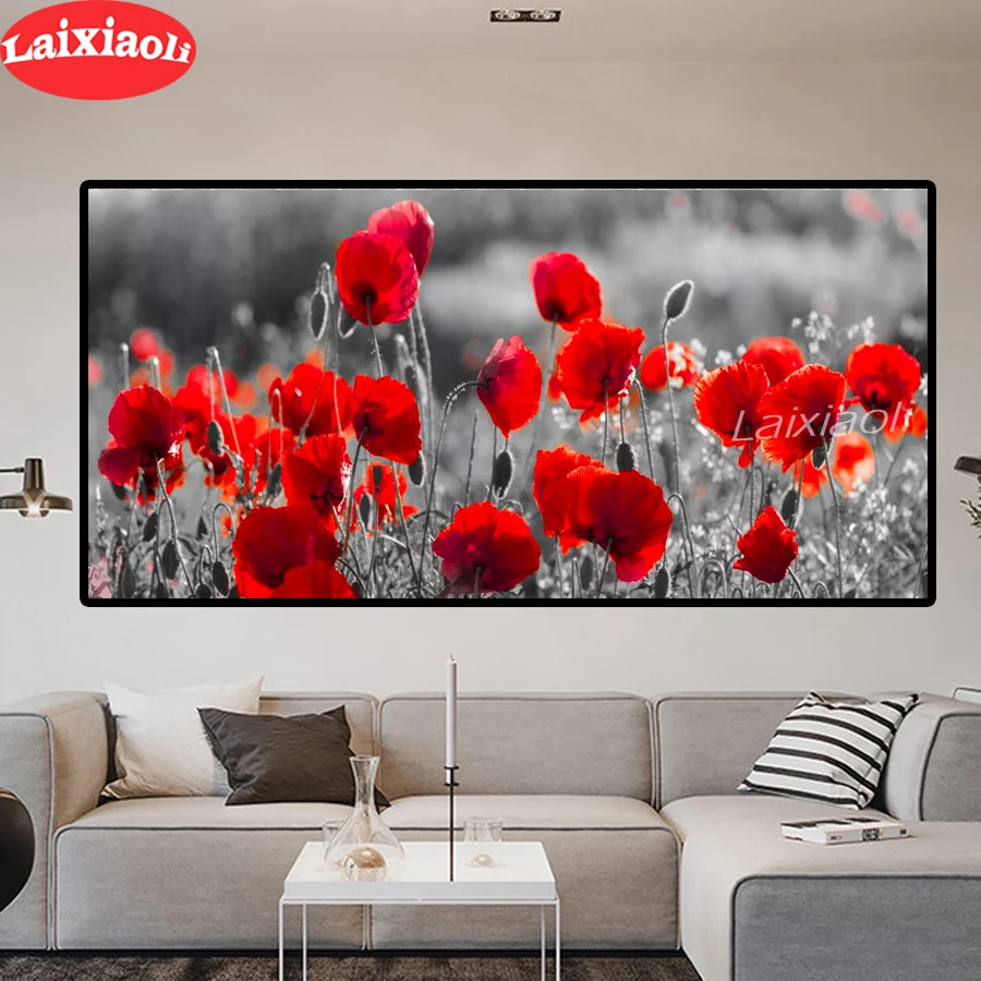 

diamond painting "Red Poppy Flowers Landscape Wall Art embroidery mosaic Painting Black and White Red Poppy Flowers Scenery art