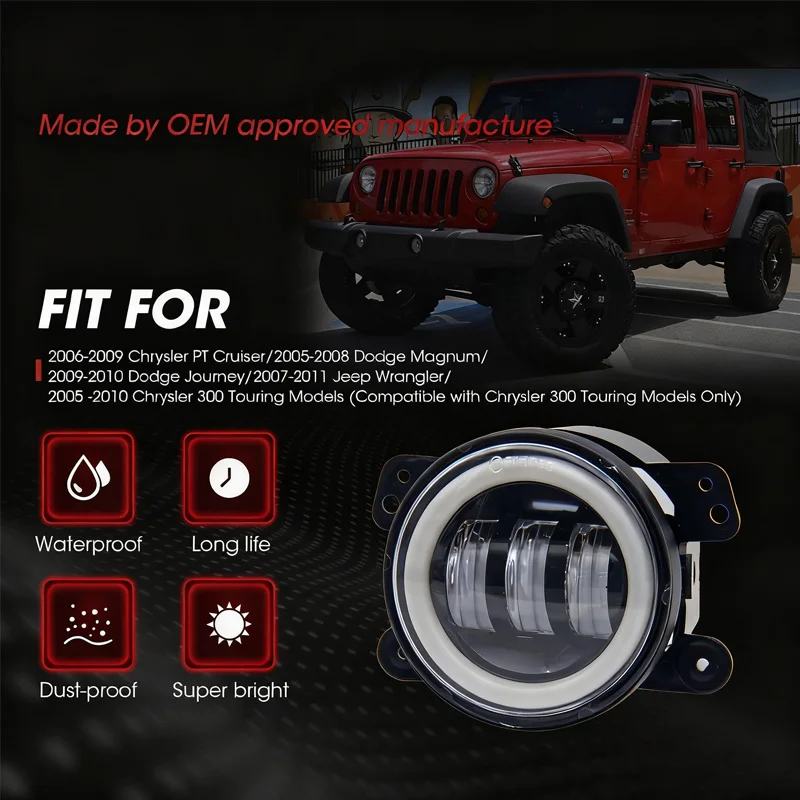 For Jeep Wrangler JK LJ TJ Dodge Journey Magnum ATV 4 Inch LED Fog Lights Waterproof With White Halo Ring DRL Headlight