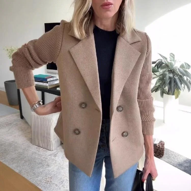 

Spring 2025 New Faionable Knitted Patchwork Tweed Jaet Women's ort Outerwear Commute Sle Pure Color Polyester Fiber