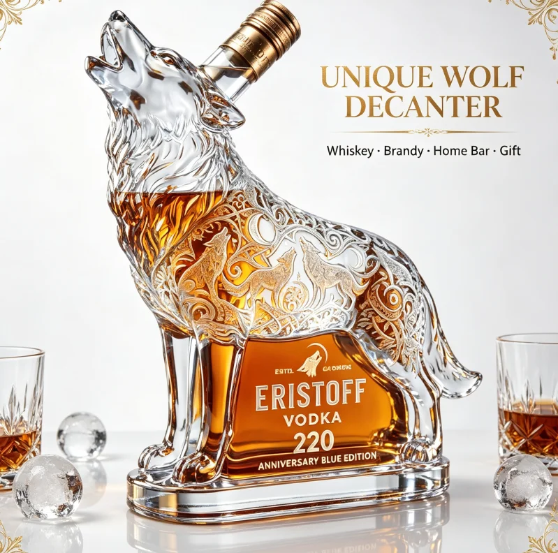 Wolf Shaped Glass Decanter Unique Animal Sculpture Liquor Bottle for Whiskey Vodka Home Bar Table Decor Collectible Gift