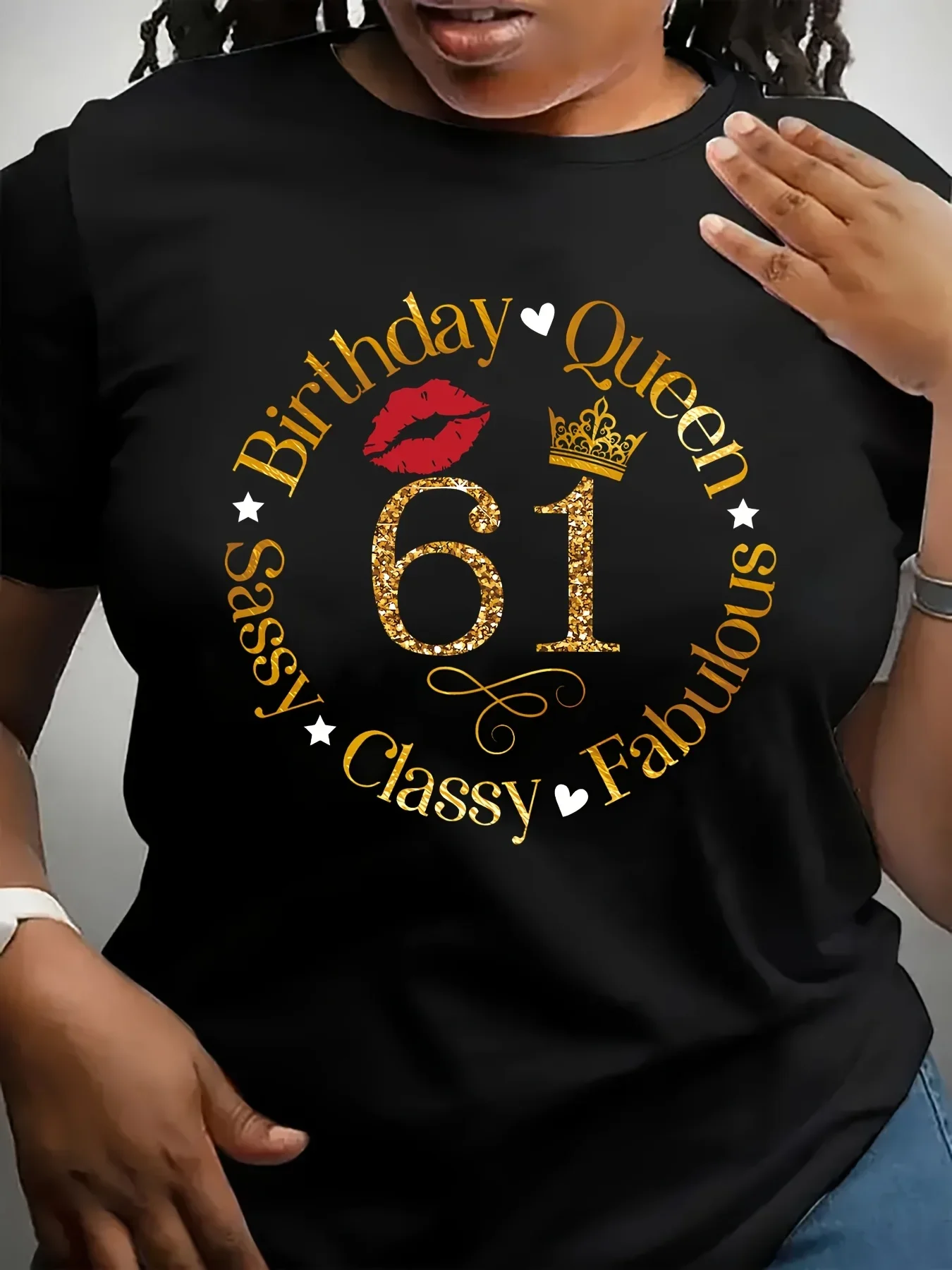 1 peça aniversário rainha 61 camiseta casual feminina estampada, top de manga curta com gola redonda de poliéster