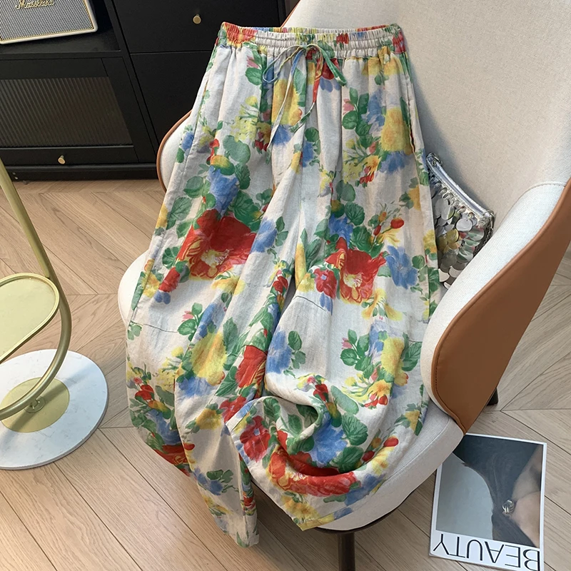 Pantaloni casual in lino di cotone da donna retrò Sle Pantaloni sottili ad arco con stampa a coltello a vita alta di nuovo modello per l'uso quotidiano