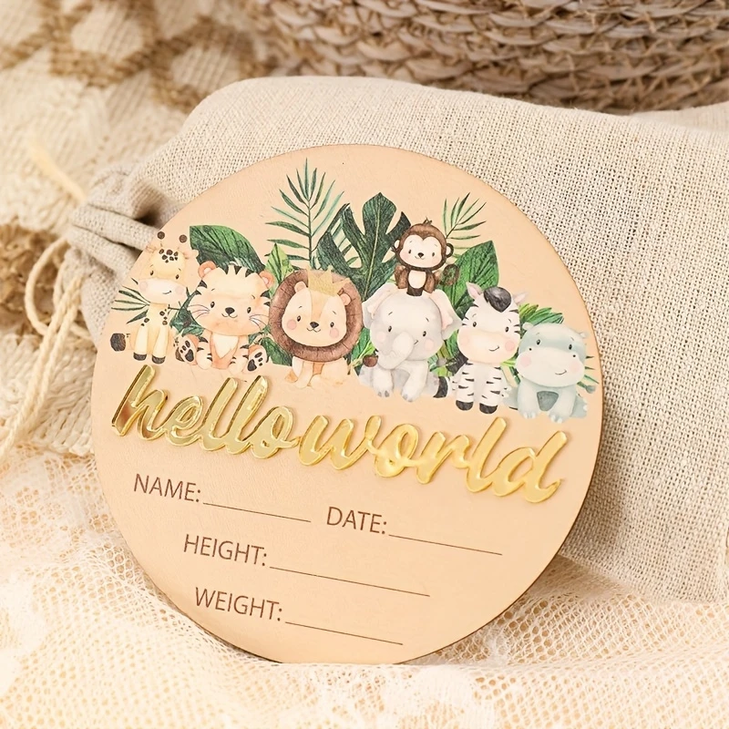 1 Stück Jungle Adventure Jugend-Werbetafel – Namenskarte „Hallo Welt“ aus Holz für Jugendliche, Taufe und Geschlechtsoffenordnung, Sack nicht im Lieferumfang enthalten