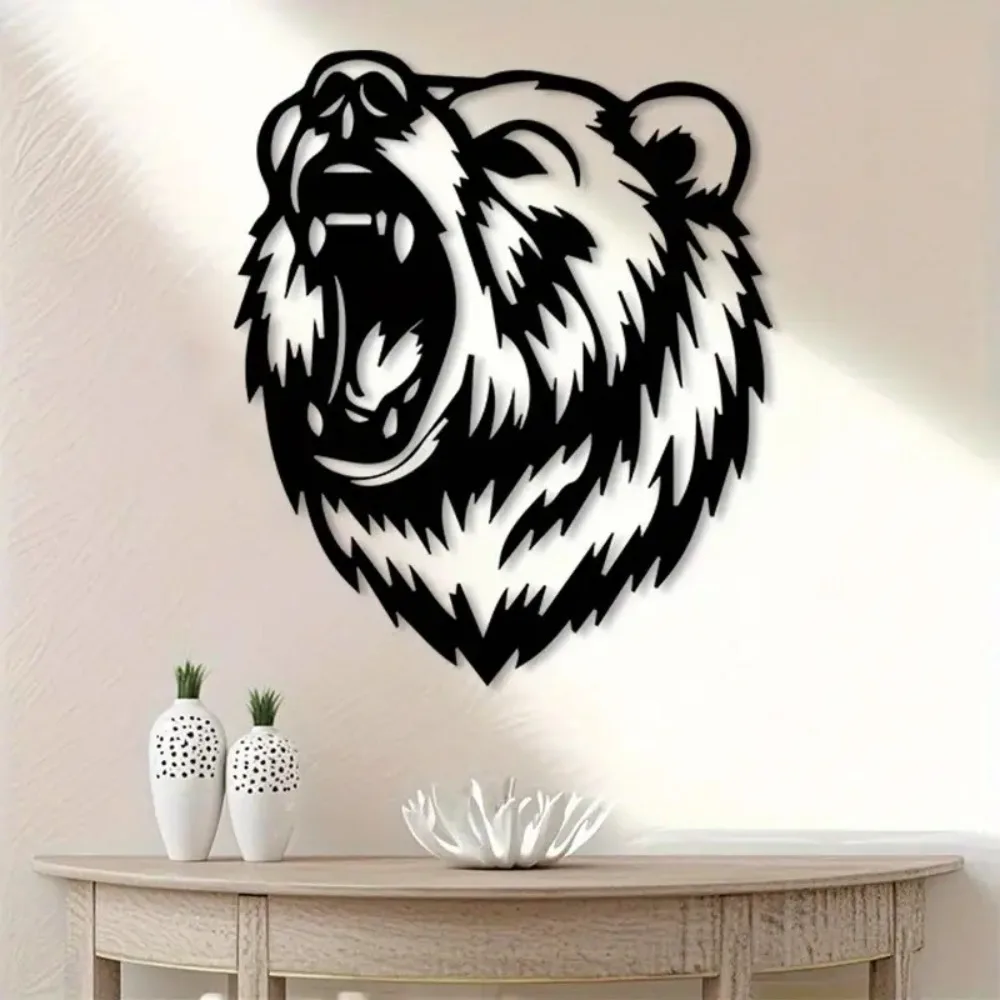 Brand 2D Flat Roaring Bear Head Metal Wall Art, Laser‑Cut Wild Animal Silhouette Hanging Ornament for Living Room