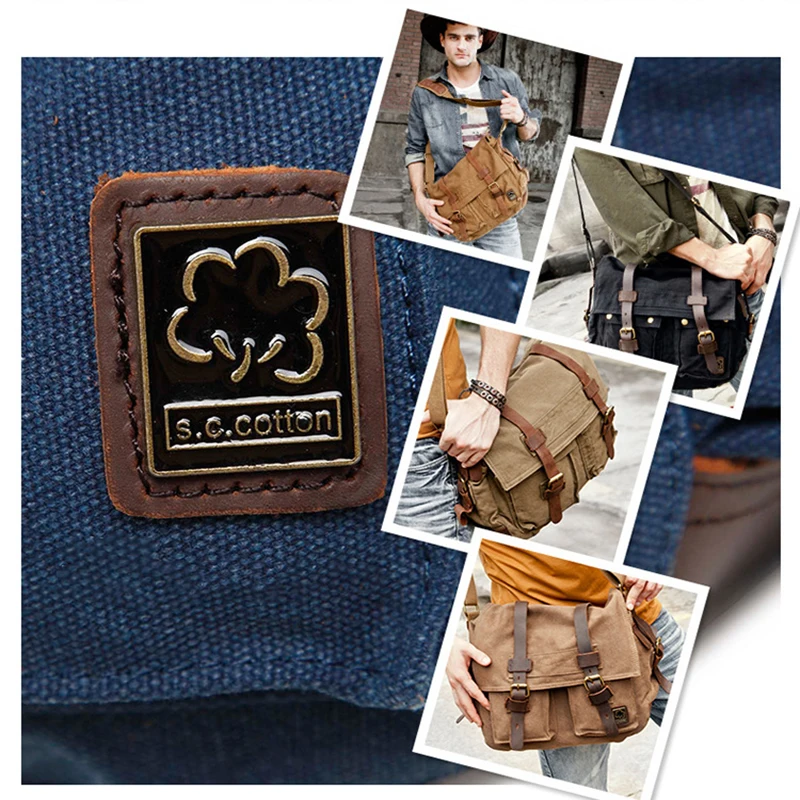 Retro Fashion Vintage Leather Canvas Women\'s Men\'s Messenger Bag Cotton Canvas Crossbody Bag Men Shoulder Bag Sling Casual Bag