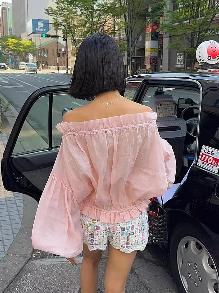 

Chic Summer Sweetn oulder Bared Splice Long Sve Sun Protection irt Women's Loose Fit Korean Sle Commute Wind Pure...