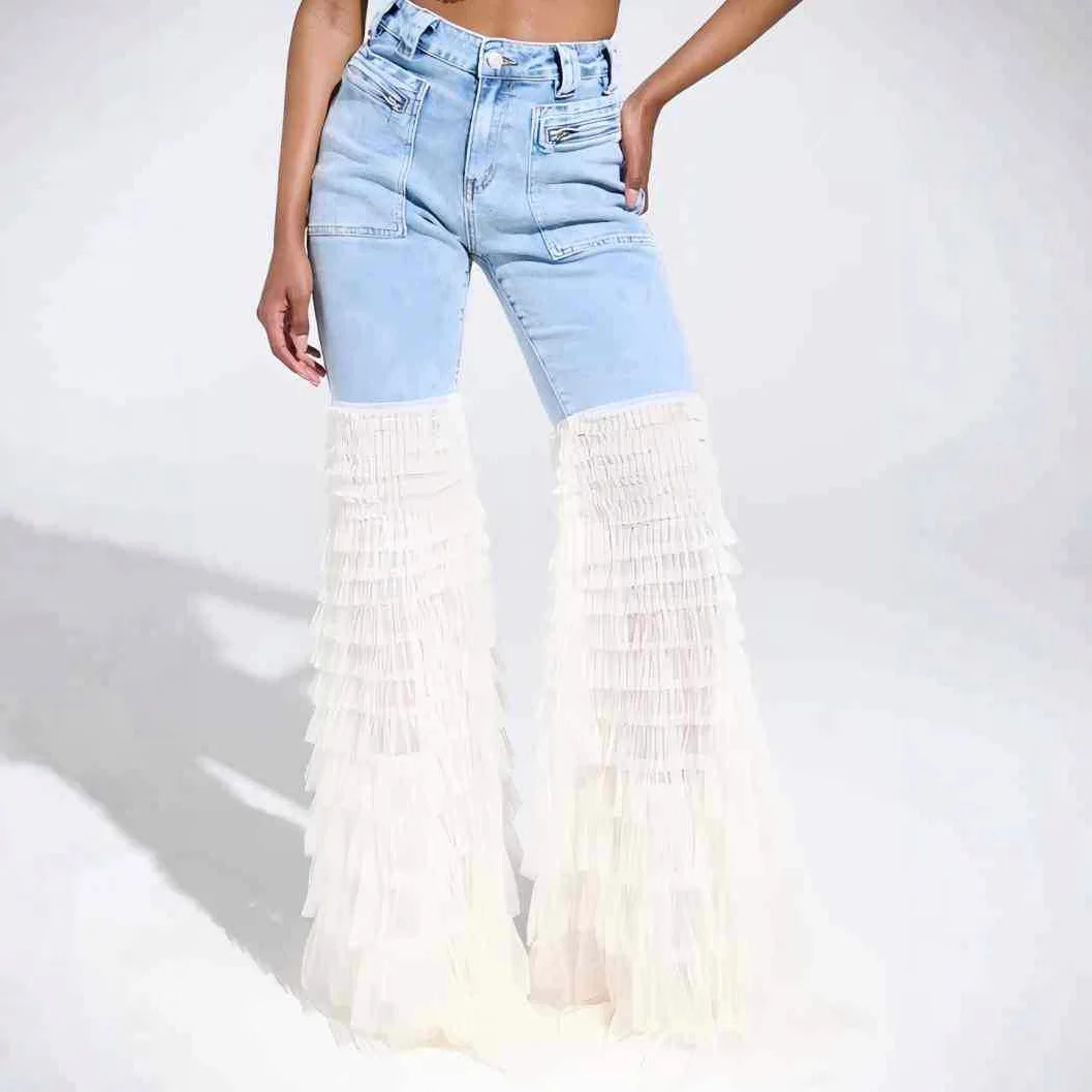 

Women's European and American New Fashionable Personalized Color-Blocked Mesh Splicing Washed Denim Jeans