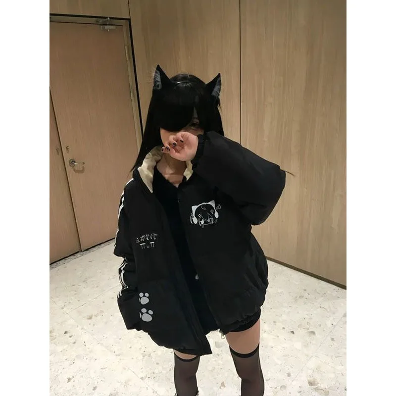 Winter New Black Subculture Jacket Japanese Y2k Fashion Cartoon Printed Cotton-padded Coats Women's Preppy Kawaii Cloths Outwear