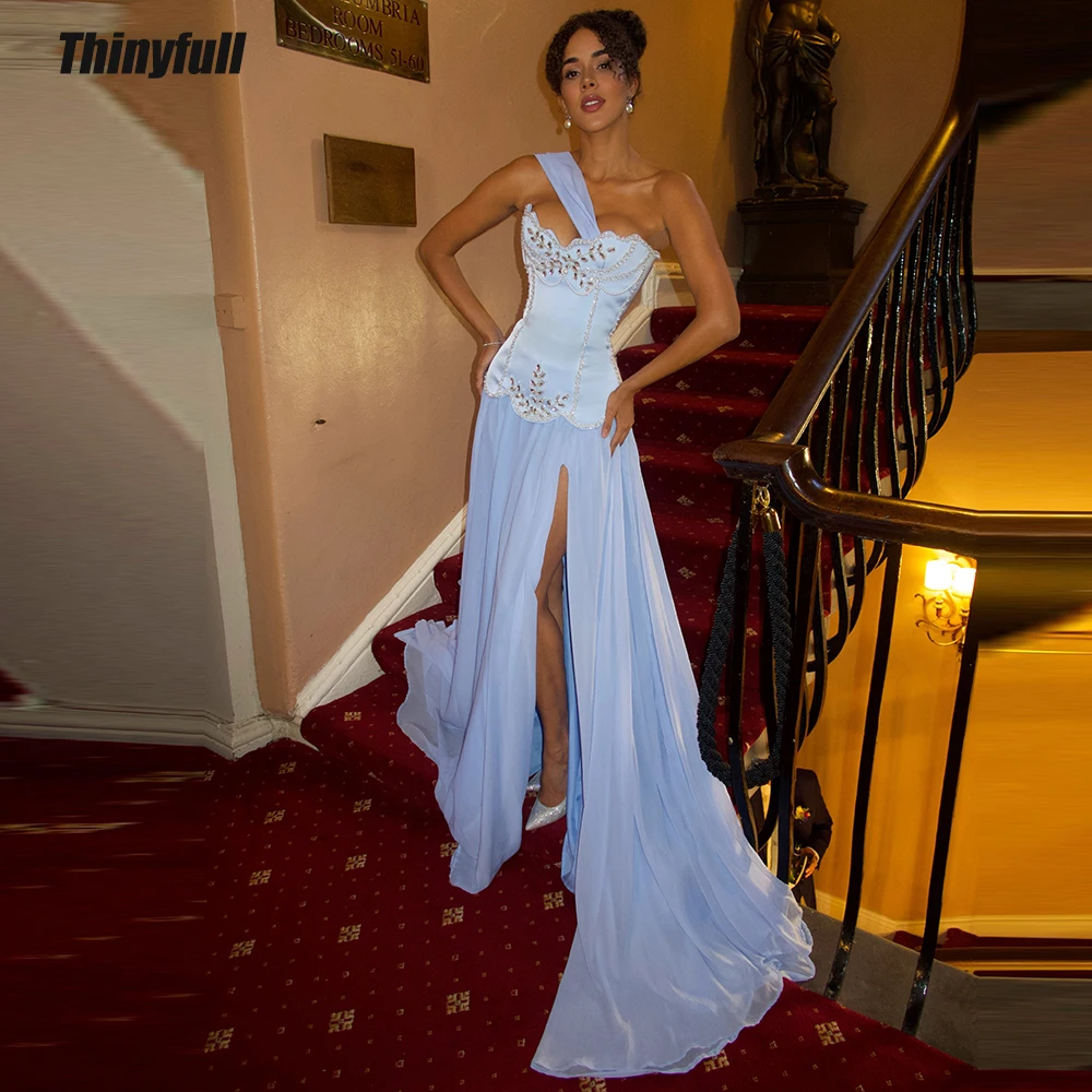 Thinyfull A-line Chiffon/Satin Prom Dresses Sleeveless Crystals Evening Dress Long Birthday Party Gown Robe De Soirée Customized