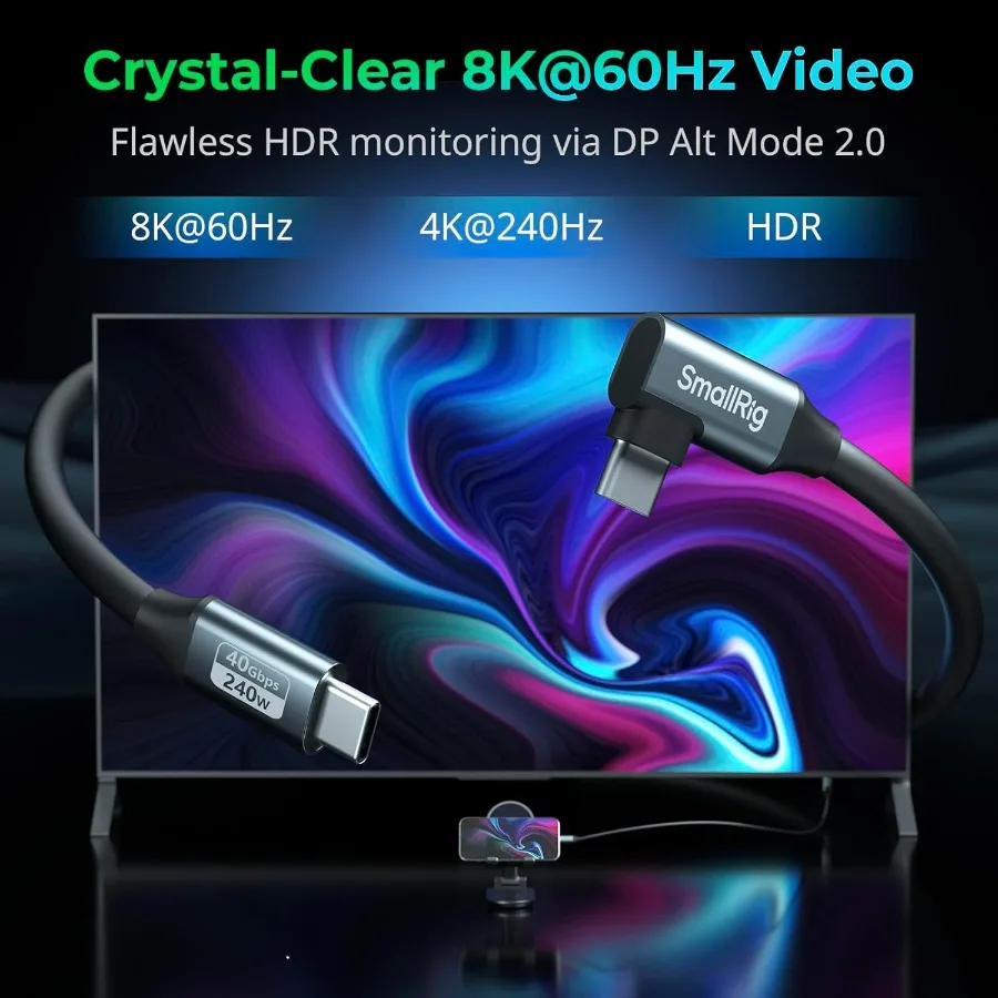 كابل USB4 40 جيجابت في الثانية USBC شحن سريع 240 وات وفيديو 8 كيلو @ 60 هرتز ونقل بيانات 40 جيجابت في الثانية 35 سم 13.8 بوصة موصلات مستقيمة إلى زاوية
