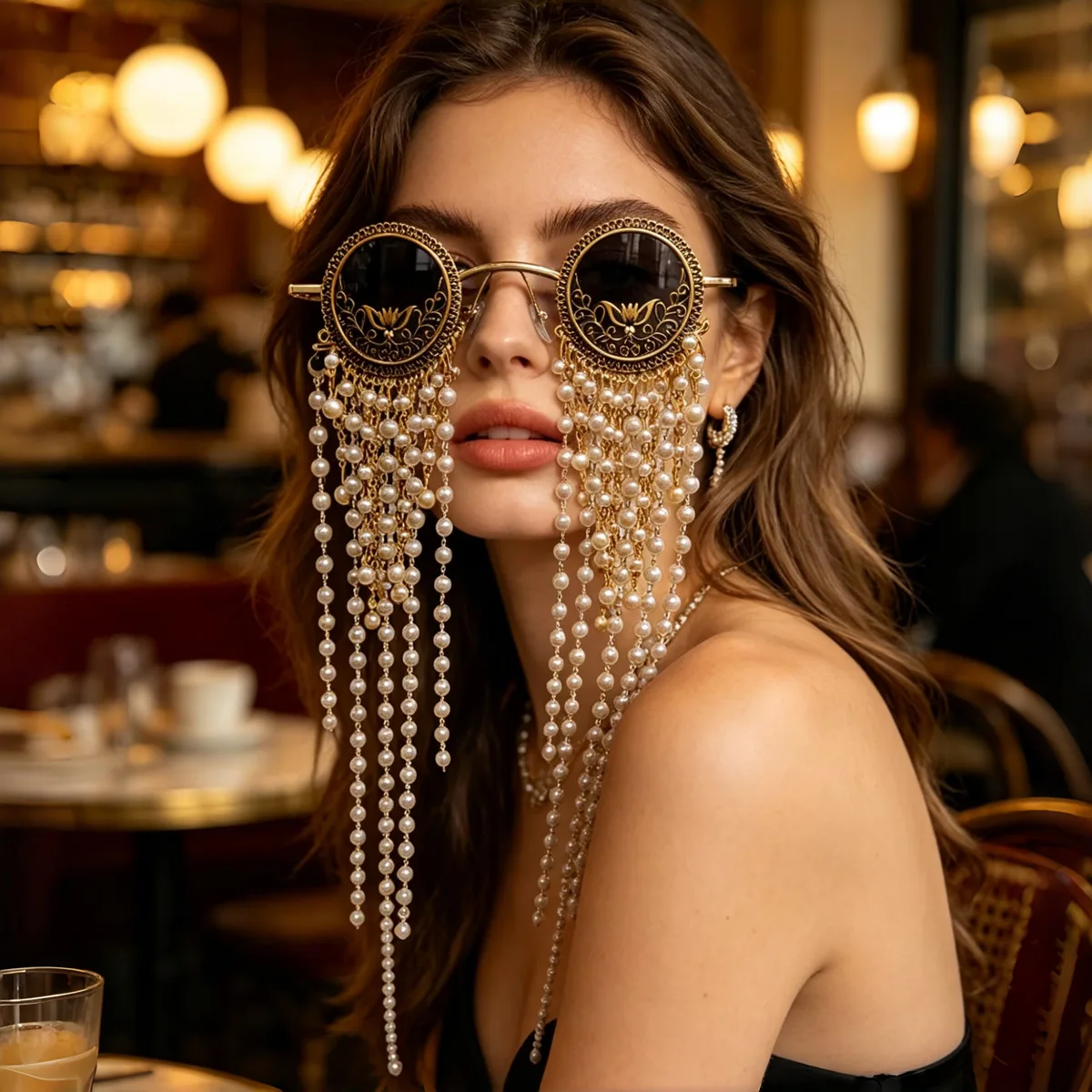 Vintage Round Pearl Tassel Sunglasses Women Luxury Gold Frame Exaggerated Decorative Shades for Wedding Cosplay Theme Party
