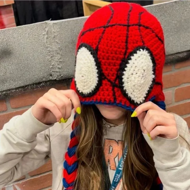 Anime Spider Man Knitted Hat Cartoon Kawaii Funny Cosplay Cap Ear Protection Warm Wool Tassel Y2K  KnittedHat Children Gifts ﻿ ﻿