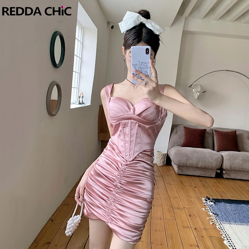 

REDDACHiC Glossy Pink Ruched Bodycon Dress Women Satin Slim Fit Sleeveless Boned Corset Mini Dress Elegant Evening Party Clothes