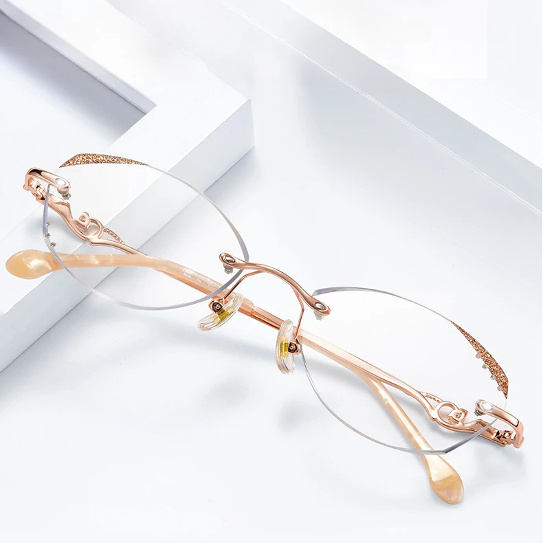 

Women Rimless Glasses Diamond Optical Gold Metal Polygon Optical Frame Myopia Reading Glasses Prescription Anti Blue Ray Lens