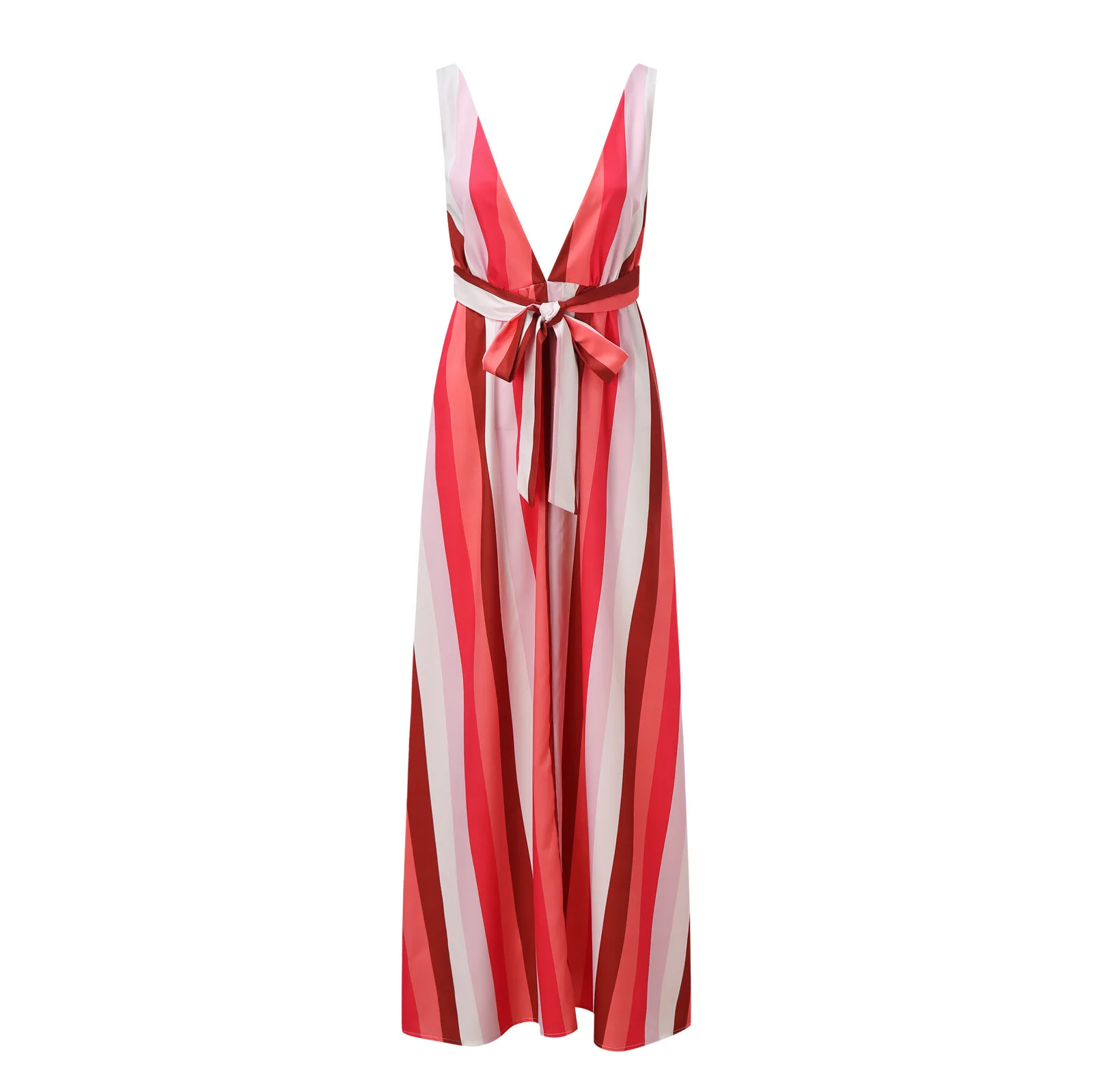 Mulheres nova sexy cinta sem mangas profunda v listra vestido casual casa solta rendas grande balanço vestido