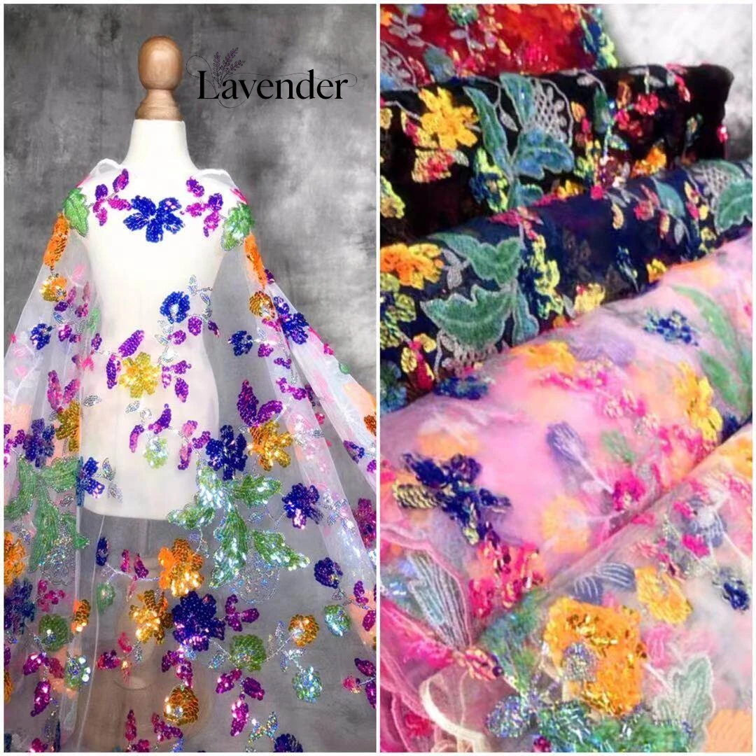 

Exquisite Transparent Colorful Crystal Sequin Glitter Mesh Fabric Embroidered Material for High-End Designer Apparel Sewing