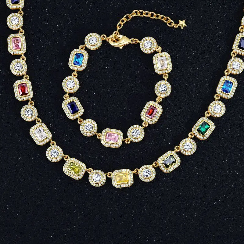 Eye‑catching hip hop men cushion frame colorful crystal tennis set adjustable necklace bracelet for rapper night dating events