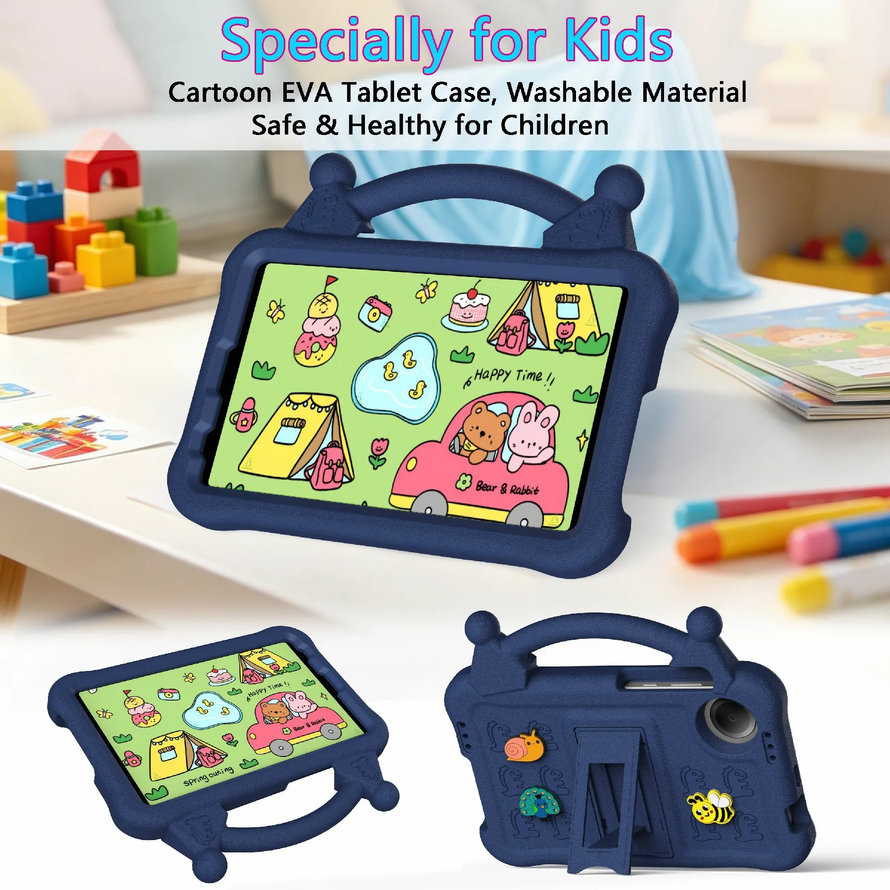 For Xiaomi Redmi Pad SE 4G 8.7 inch / Honor Pad X7 Case Kickstand Kid-Friendly Shockproof Cartoon EVA Tablet Cover - Navy Blue