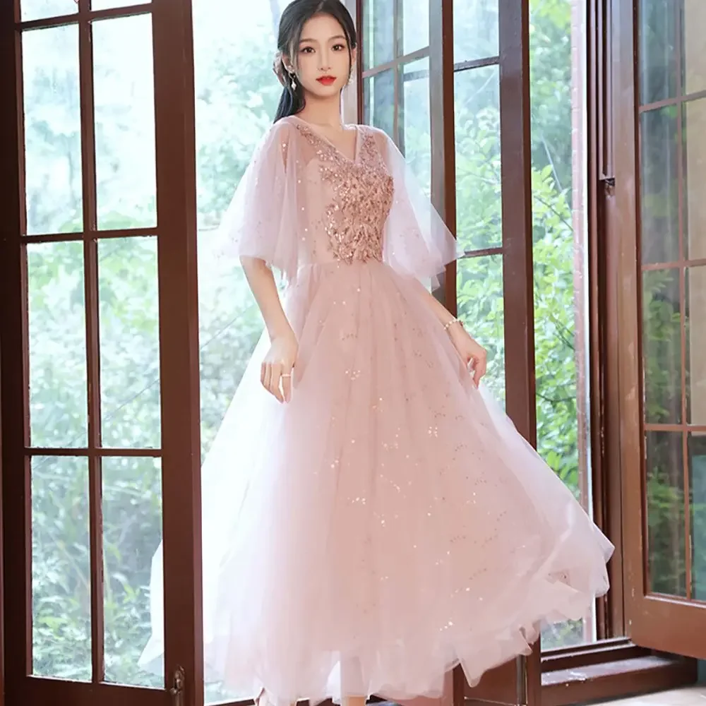 Vestidos de dama de honor rosas para mujer, Vestido de baile de quinceañera, elegante, largo, 2024