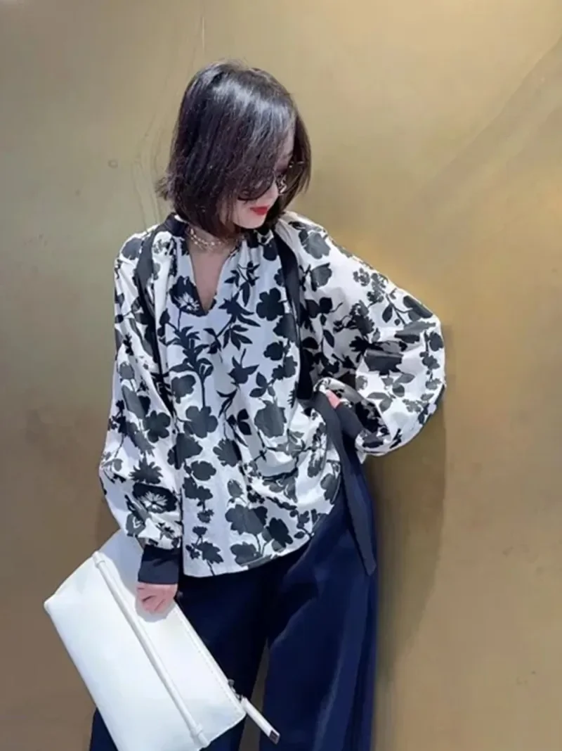 Women Ink Floral Shirt Ribbon Cotton Elegant Long Sleeve 2024 Spring Female Blouse