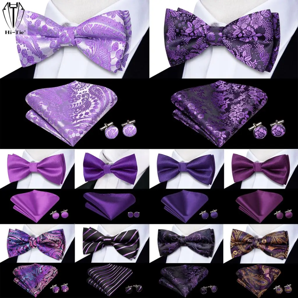 

Hi-Tie Purple Lilac Lavender Violet Silk Mens Bow Tie Hanky Cuffs Set Pre-tied Butterfly Knot Bowtie for Male Wedding Business