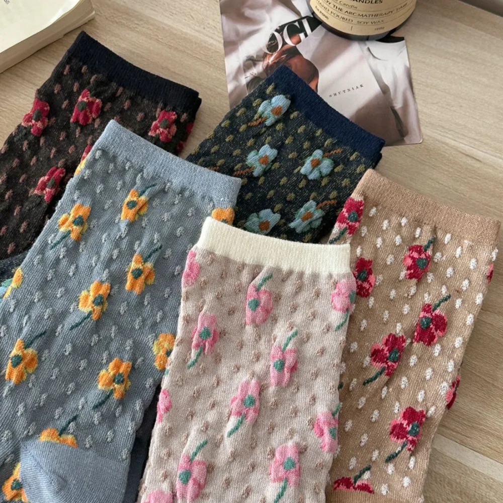 5 Pairs Fashion New Middle Tube Socks Women's Cute Floral Printed Autumn Winter Long Street Style Soft Comfortable Woman Socks