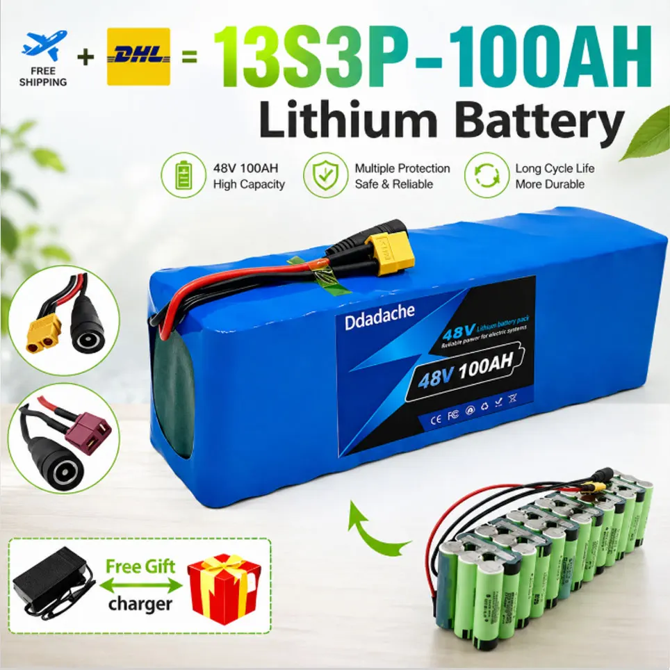 13S3P 48V 100Ah 18650 Wiederaufladbarer Lithium-Akku-Pack mit XT60 DC-Anschluss und BMS, Ersatzakku für E-Bike Elektroroller 54,6V