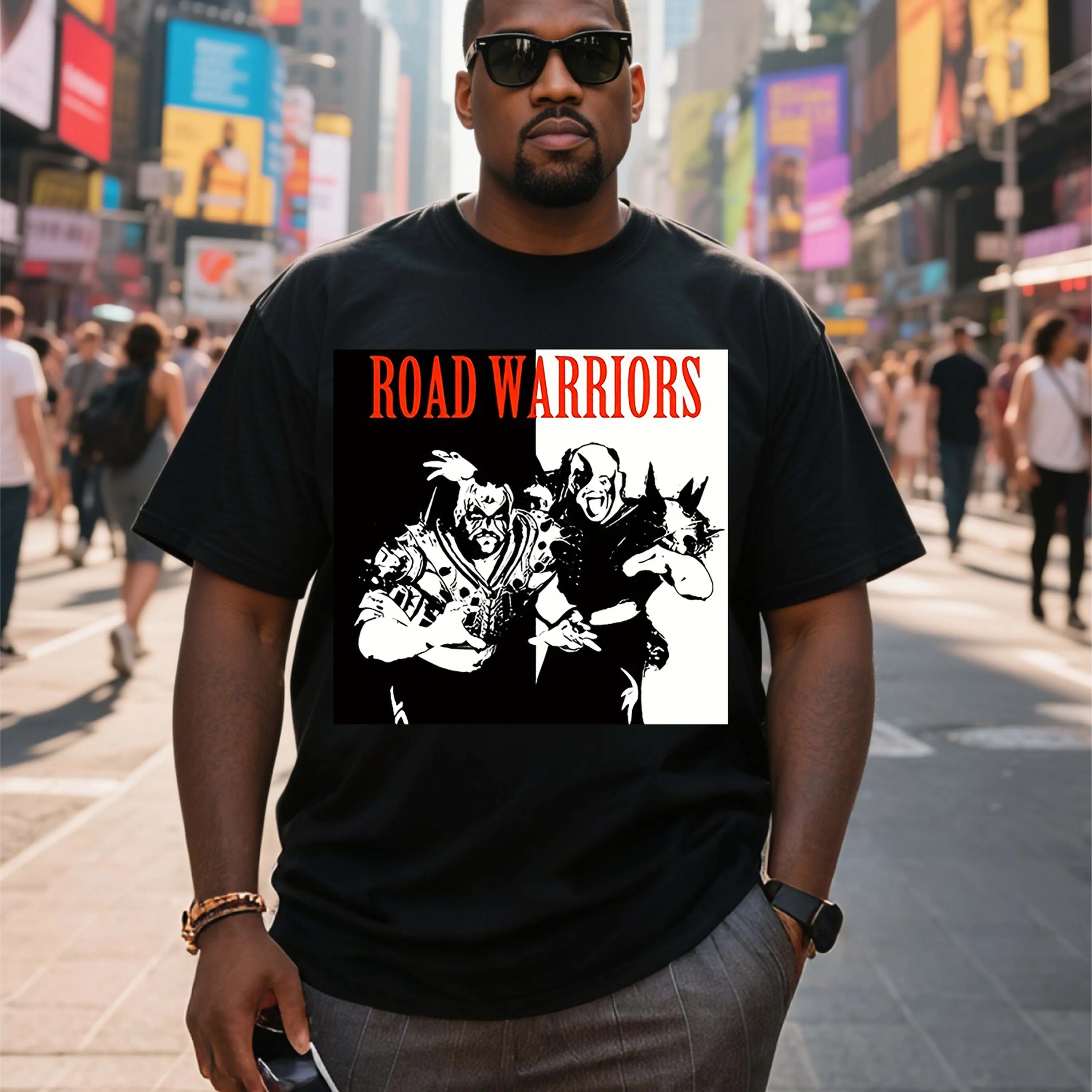 Camiseta de manga corta negra con gráfico de Road Warriors de talla grande, adecuada para ropa de ocio al aire libre en verano