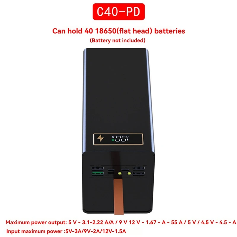 ABBN-DIY Power Case Box 40X18650 Battery Pack With LED Lighting And Advanced Charging Protocols Detachable Battery Case