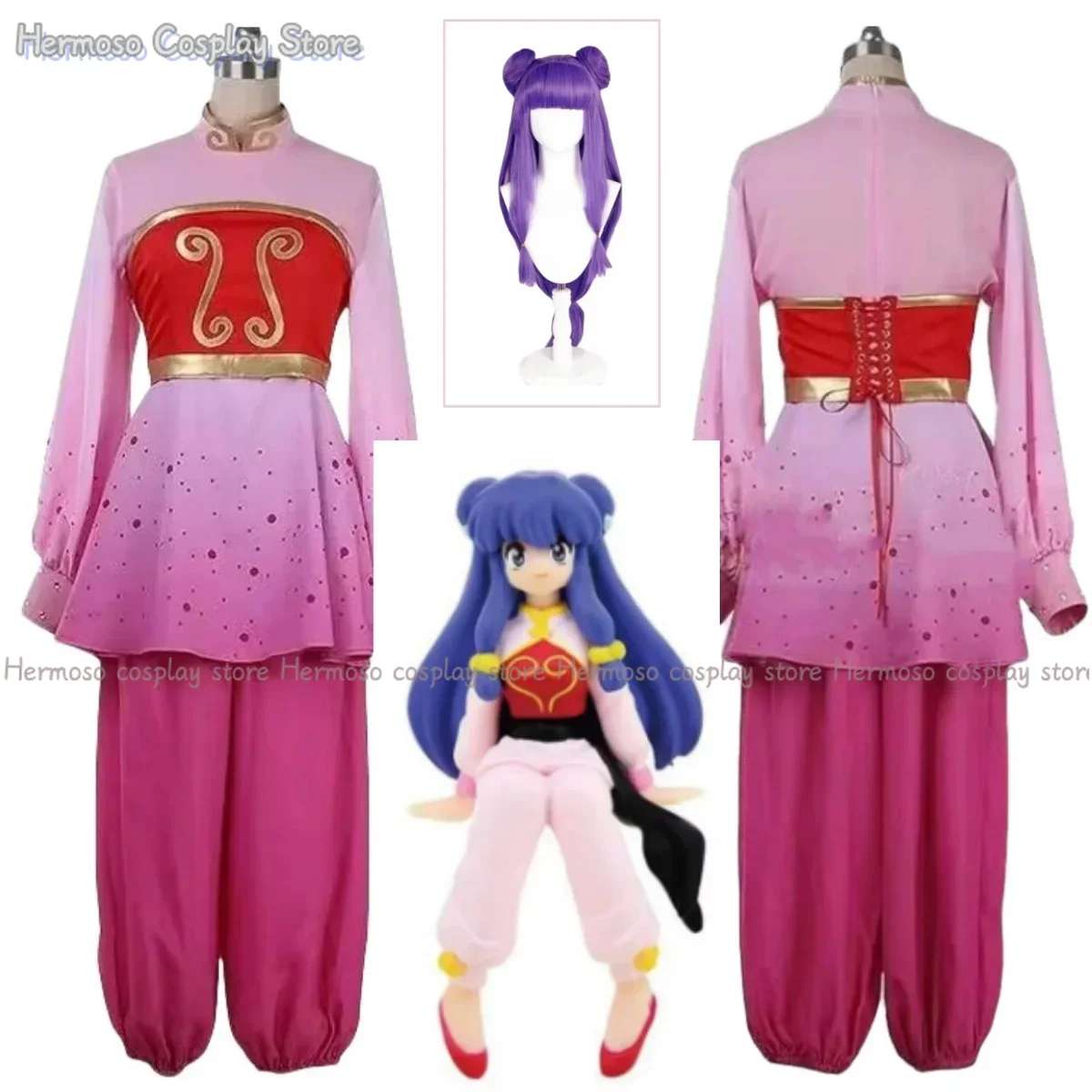 

Shampoo Cosplay Costume Wig Anime Ranma ½ Women Cheongsam Stand Up Collar Long Sleeves Shirt Tube Top Pants Shampoo Cosplay