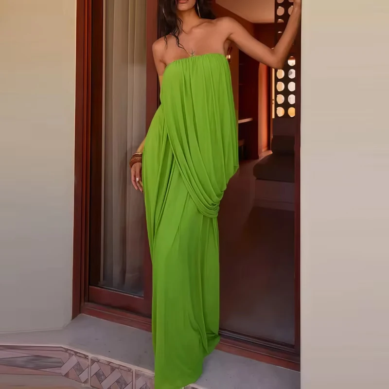 Trägerloses, ärmelloses, einfarbiges Cocktailkleid für Damen, elegantes, drapiertes Design, langes Kleid mit Schlitz, Sommermode, rückenfreies Partykleid