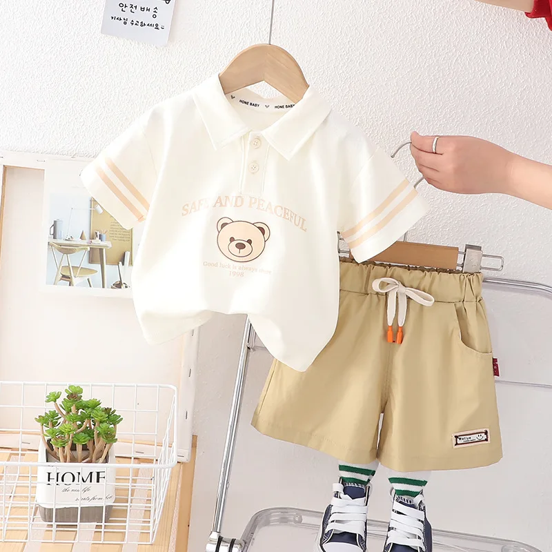 1-5 Years Casual Boys Clothing Set 3 Color Pure Cotton Bear T-shirt + Short Pants 2Pcs Oufit For Kids Children Birthday Present