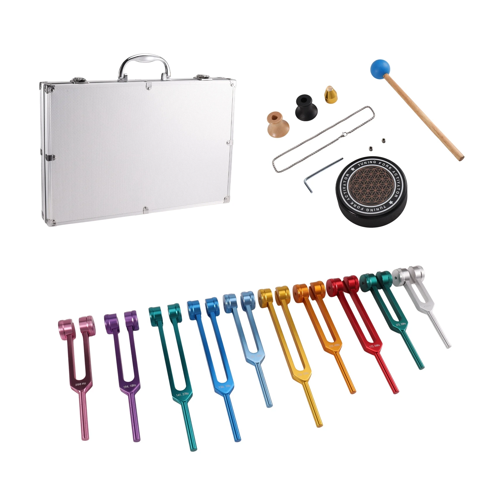 Portable ABYM For Sound Therapy Multi-Color Aluminum Alloy Chakra Tuning Forks(10PCS), For Healing Tuning Fork With Activator