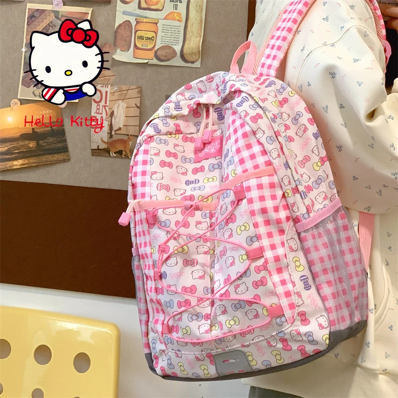 Kawaii Hello Kitty Pink Soft Girl School Bag Cartoon Y2K Girl Bow Print Oxford Cloth Travel Backpack Cute Fashion Large Capacity