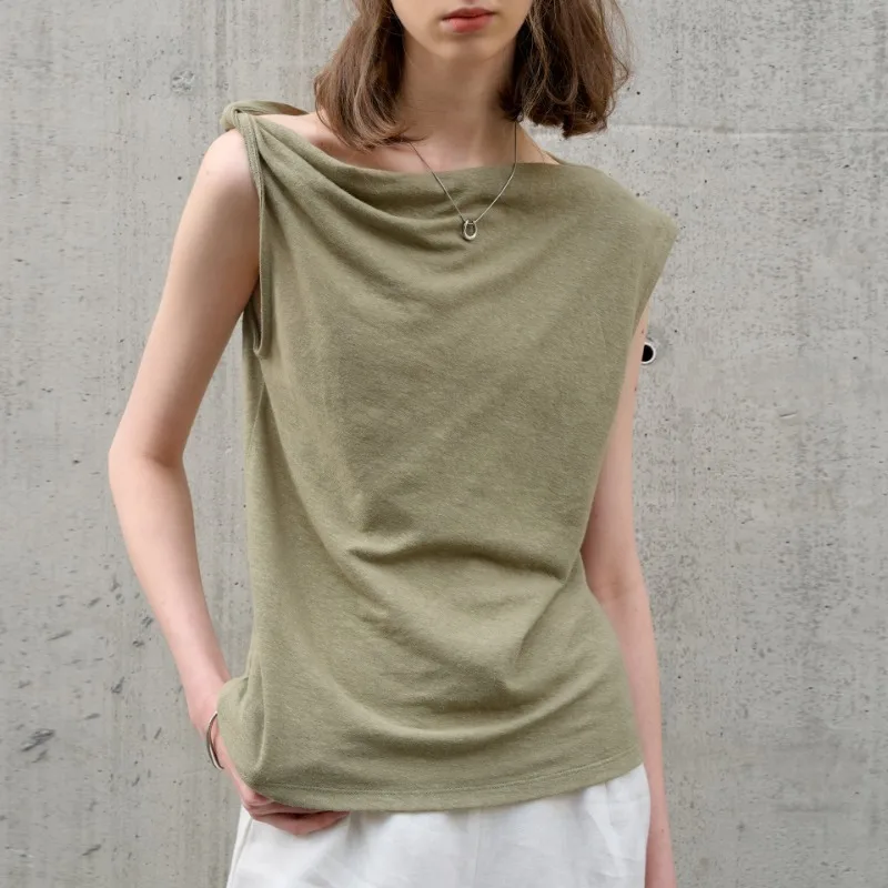 الفرنسية الكتان القطن غير النظامية واحدة الكتف تي شيرت للنساء الصيف بلا أكمام موضة جديدة غير رسمية شارع العليا مكتب سيدة القمم