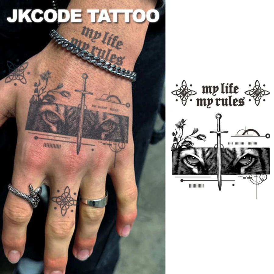 

Herbal Tattoo with a Jungle Beast Theme in a Cool Style - Tiger Eye Tattoo - "My Life, My Rules" Text Pattern in English - Casual Tattoo for Men and Women on Hands, Neck, and Head, Long-Lasting and Waterproof for 15 Days
