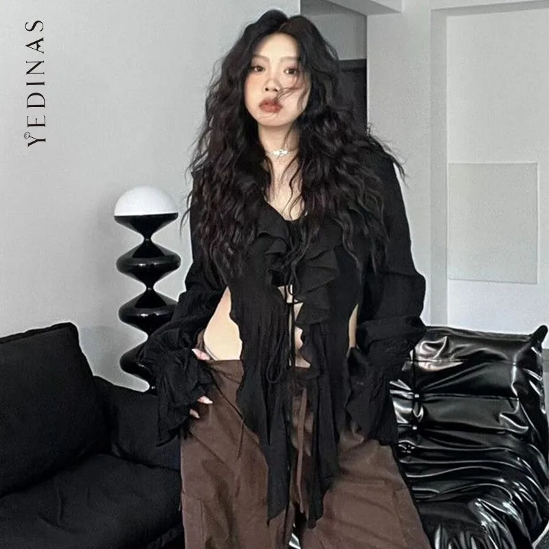 Yedinas Gothic Black Solid Lace Up Blouse Women Clothes Long Sleeve Korean Fashion Autumn Spring Tops Fairycore Shirts Blousa