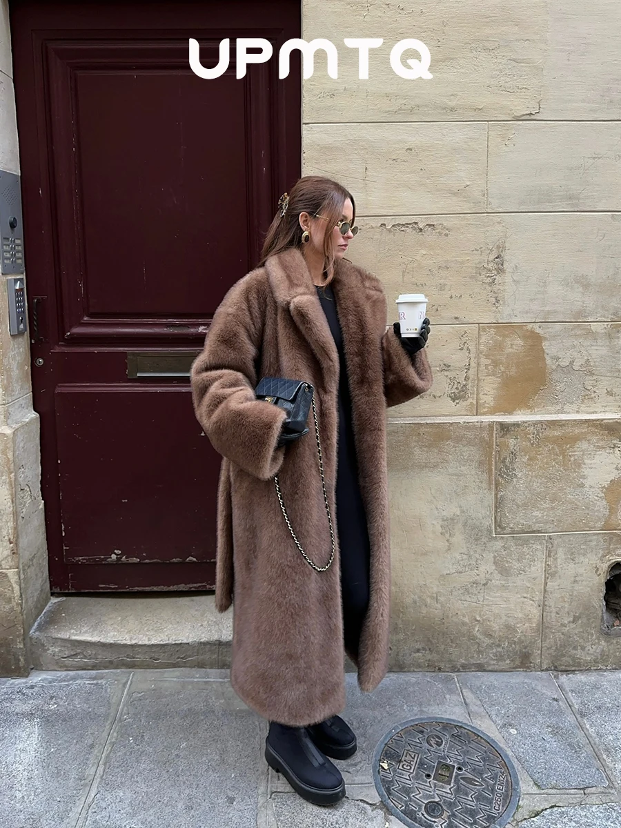 Premium Belt Brown Gradient Faux Mink Fur Maxi Coat for Women Winter Fashion 2025 Vintage Luxury Old Money Parka Outwear