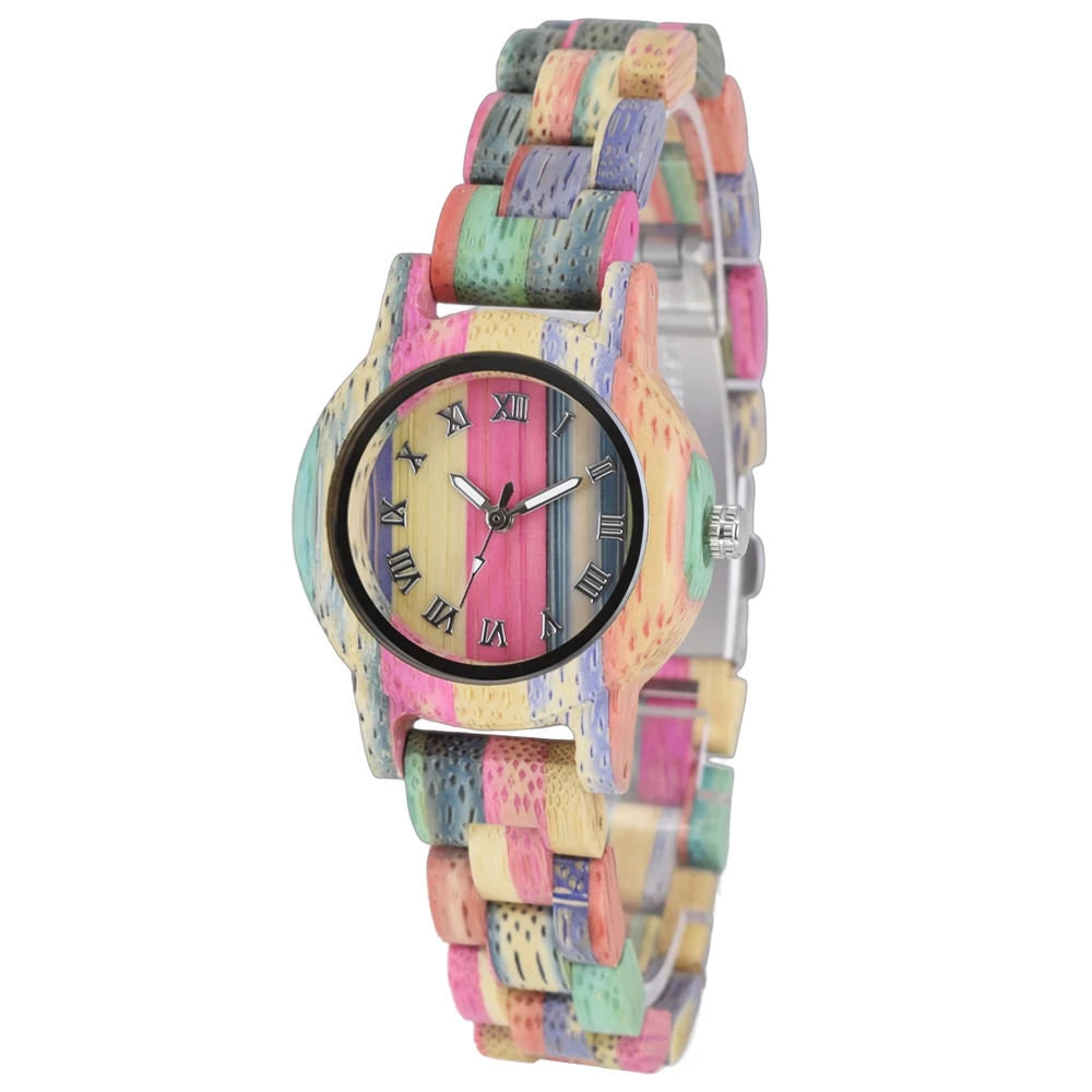 Fashion Roman Numerals Quartz Watch for Women with Colorful Bamboo and Luminous Fold Clasp Wristwatch