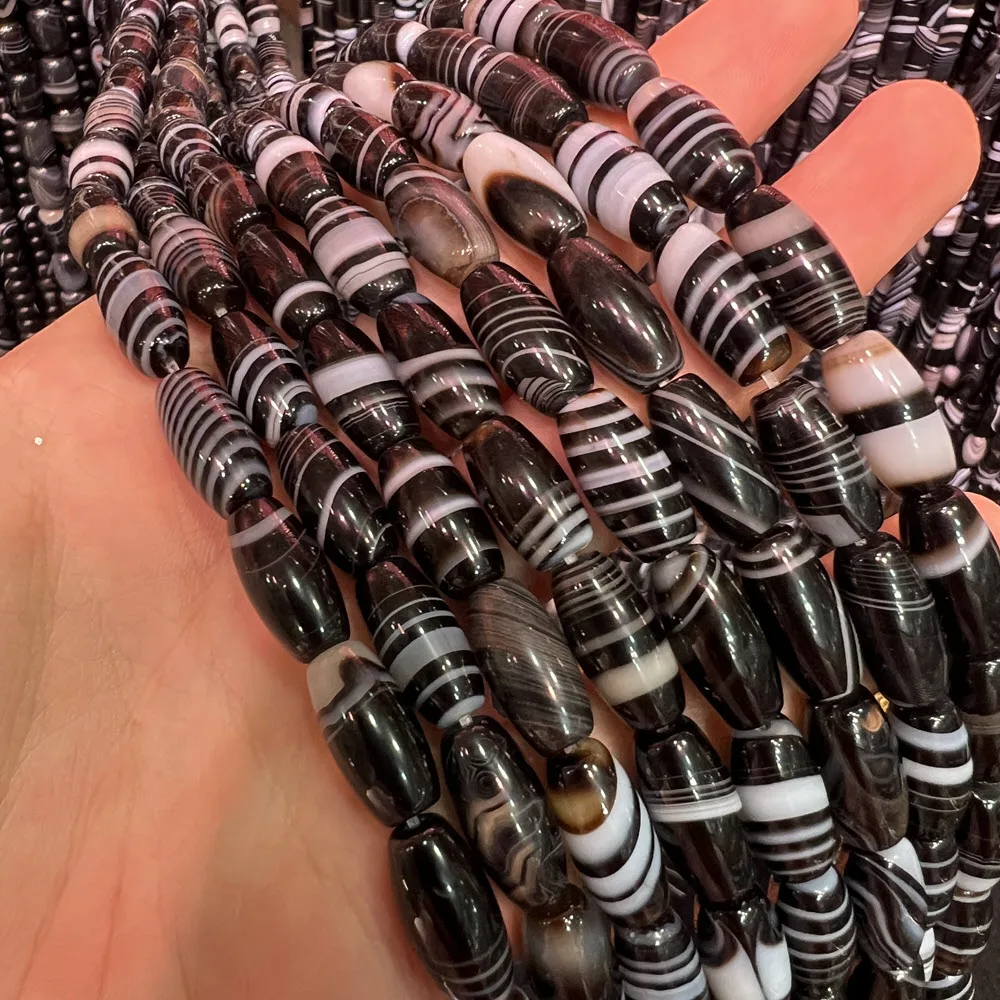 Natural Stone Black Striped Agate Stone Beads 6x16mm Oval Beads Beaded 15'' Strand For DIY Jewelry Making Bracelet Accessories