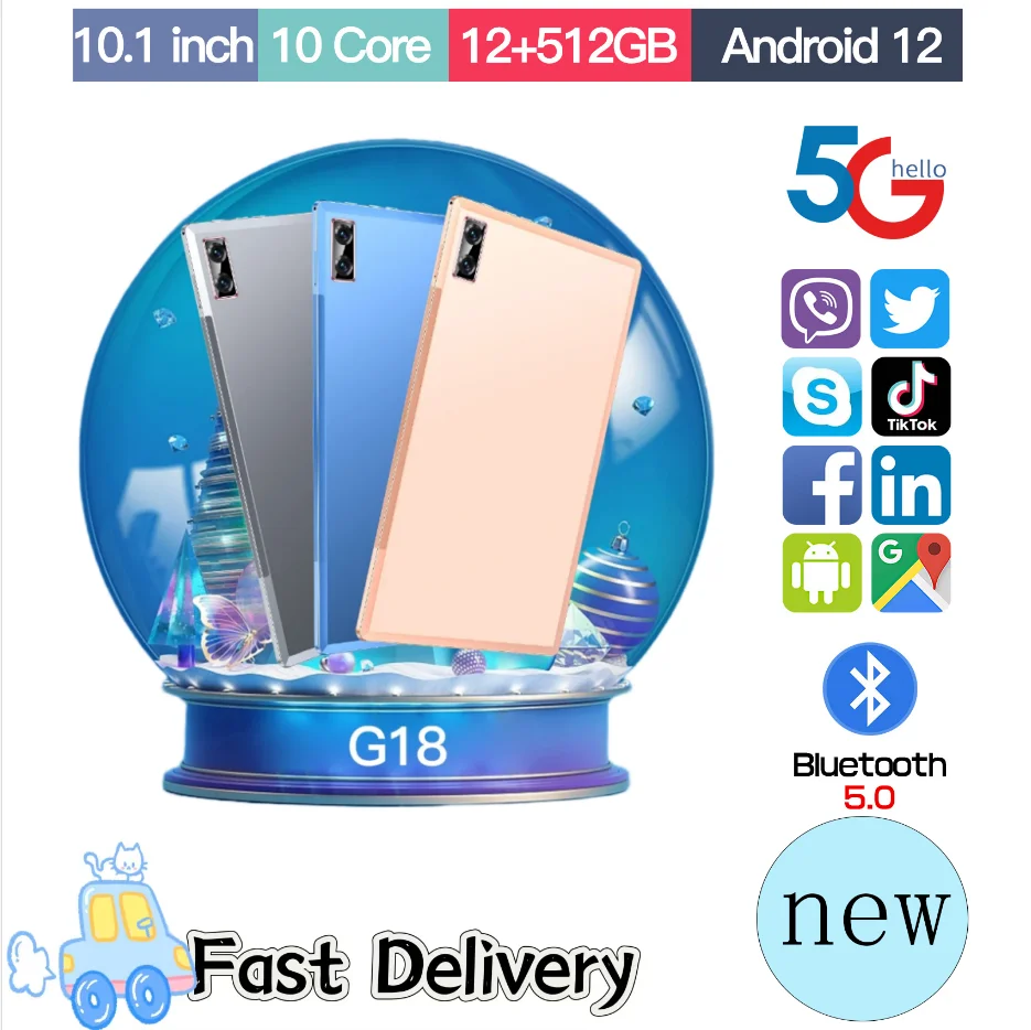 

2024 Tablet G18 Android 12 16GB RAM 512GB ROM 10.1-inch Bluetooth 5.0 WPS 5G WIFI GPS Dual SIM Dual Standby Call Popular Tablets