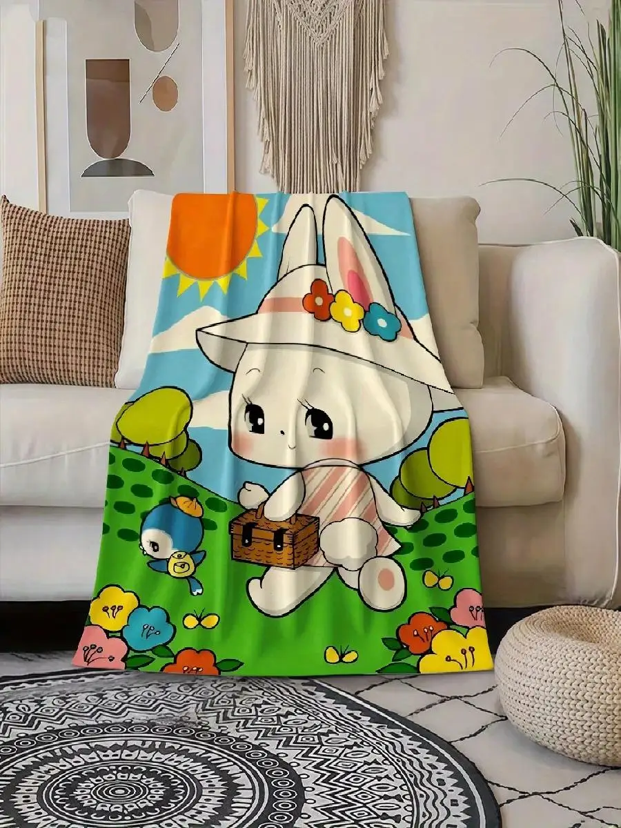 pc Cute Bunny Print Flannel Blanket  Soft Warm AllSeason Cozy Throw with Vibrant Floral  Sun Design Lightweight  Durable