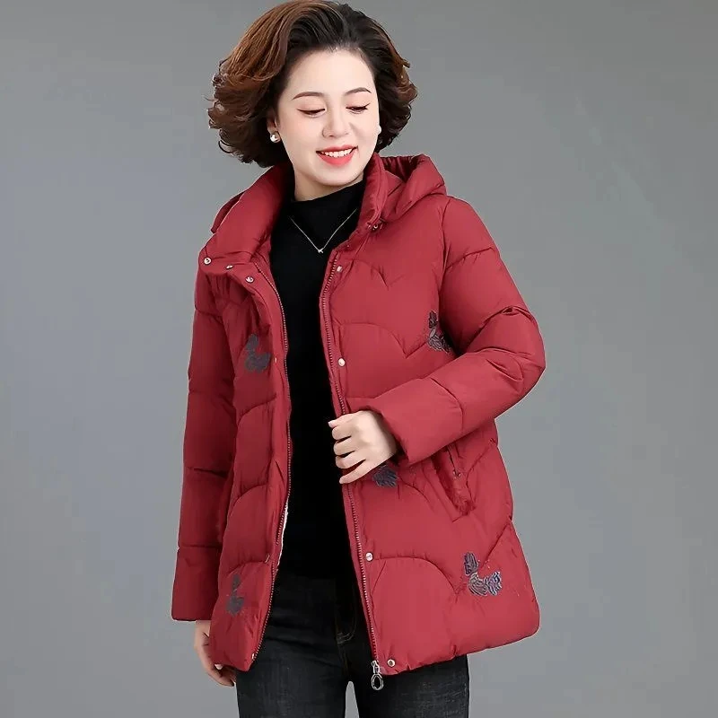 Chaqueta acolchada de algodón acolchada de invierno para mujer, Parkas gruesas de lana con capucha para abuela, abrigo de nieve bordado Retro holgado y cálido para mujer
