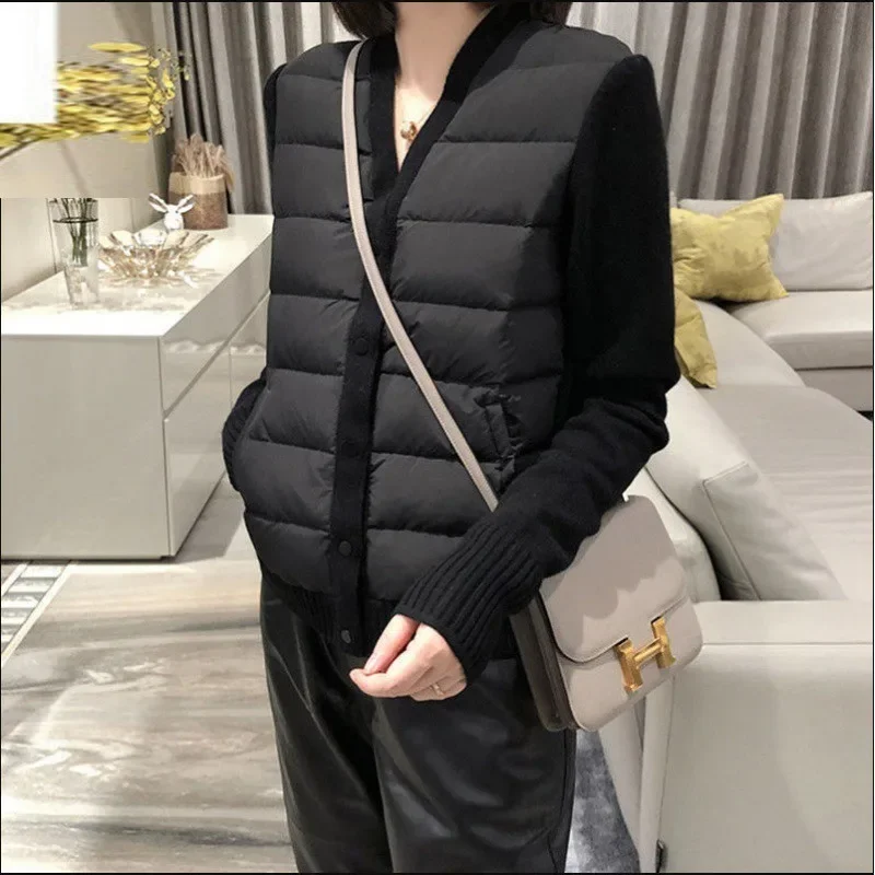 Short Women\'s Down Jacket  Fashion Light Neck Splicing Knitted Sleeve White Coat Black Parkas V Ropa Mujer Y2k Top Winter Cotton