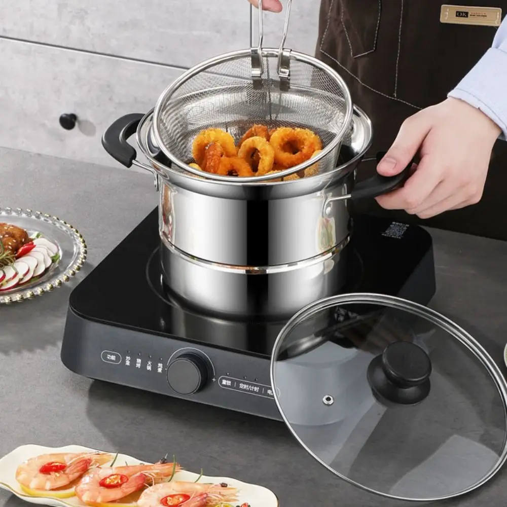 Multifunctional Stainless Steel Deep Fryer Pot Visible Lid Japanese Pasta Pot with Frying Basket and Steamer Stockpot Noodle
