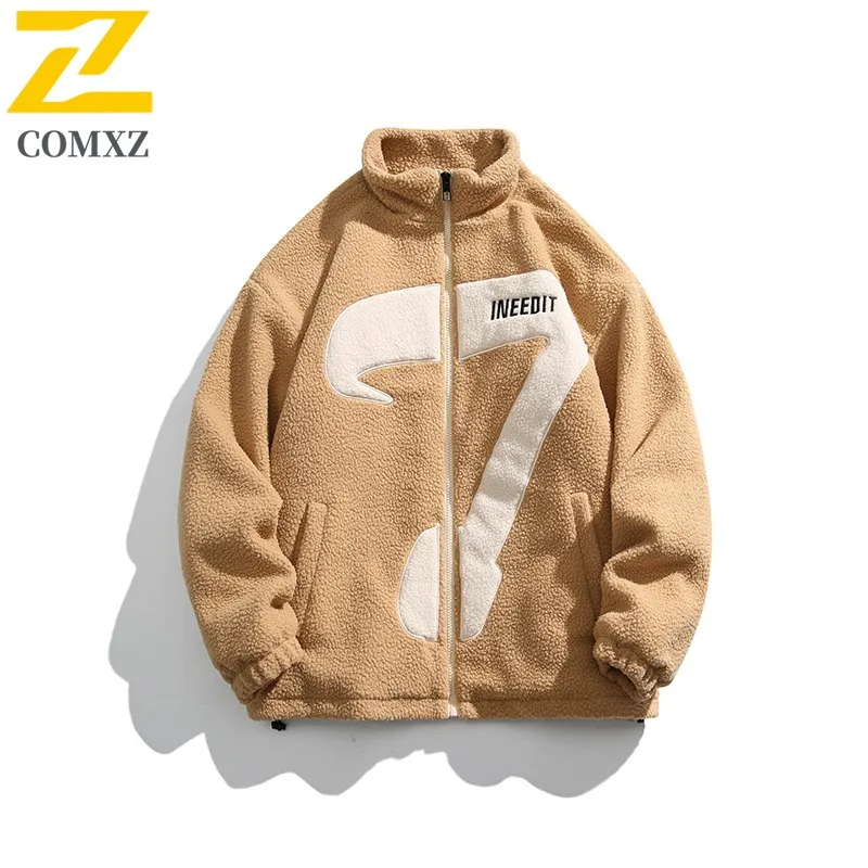 

COMXZ Men Lamb Fleece Jacket Premium Stand Collar Outdoor Adventure Warm Coats Letter Design Hiking Lightweight Winter Coat